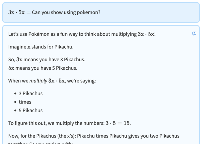 Screenshot of a student asking to rephrase a question in terms of pokemon.