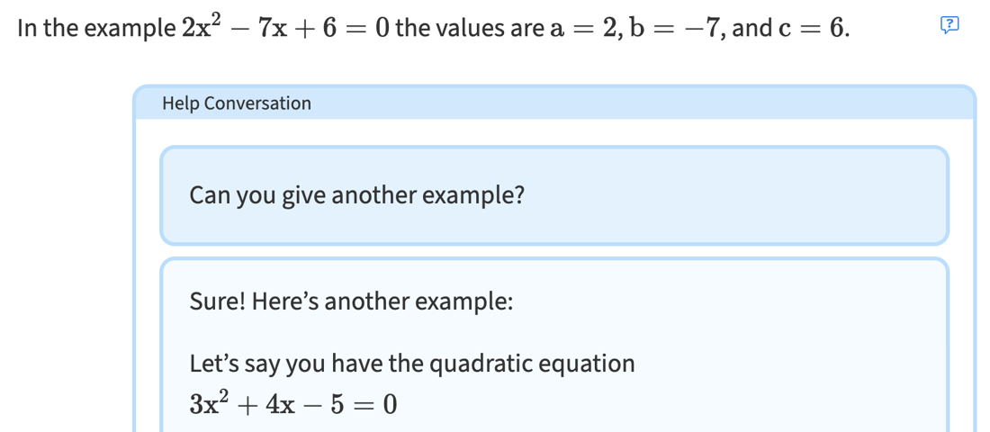 Screenshot showing a help conversation where a student asks for another example.
